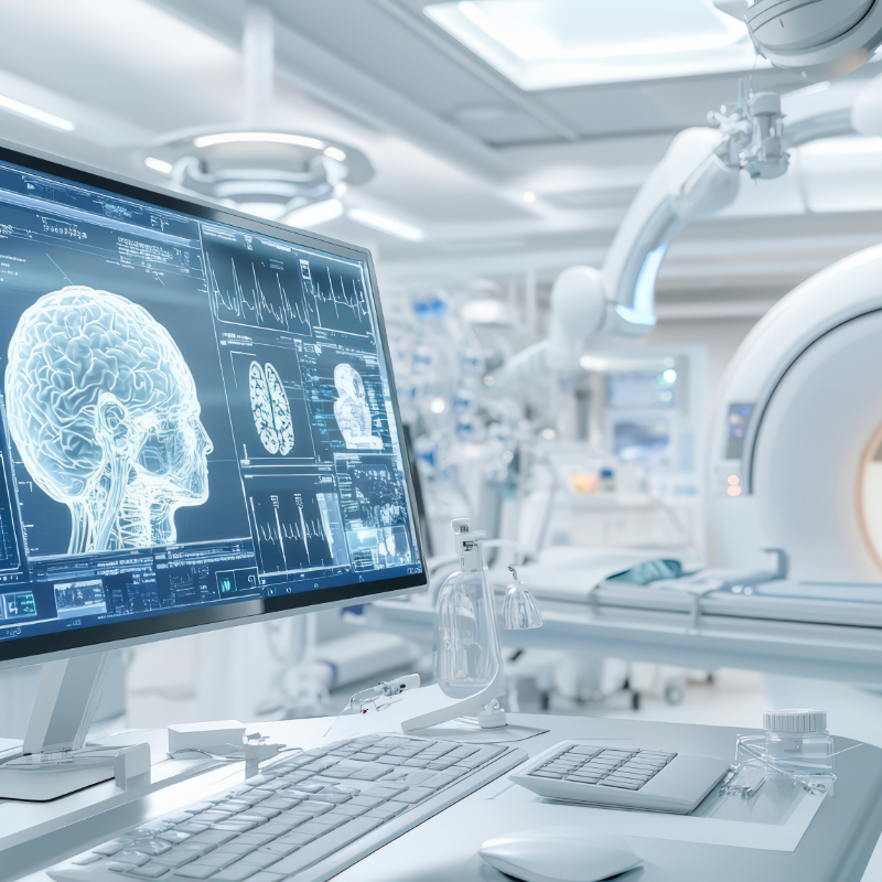 A state-of-the-art medical imaging room with a brain scan displayed on a monitor and advanced diagnostic equipment, showcasing high-tech healthcare technologies.