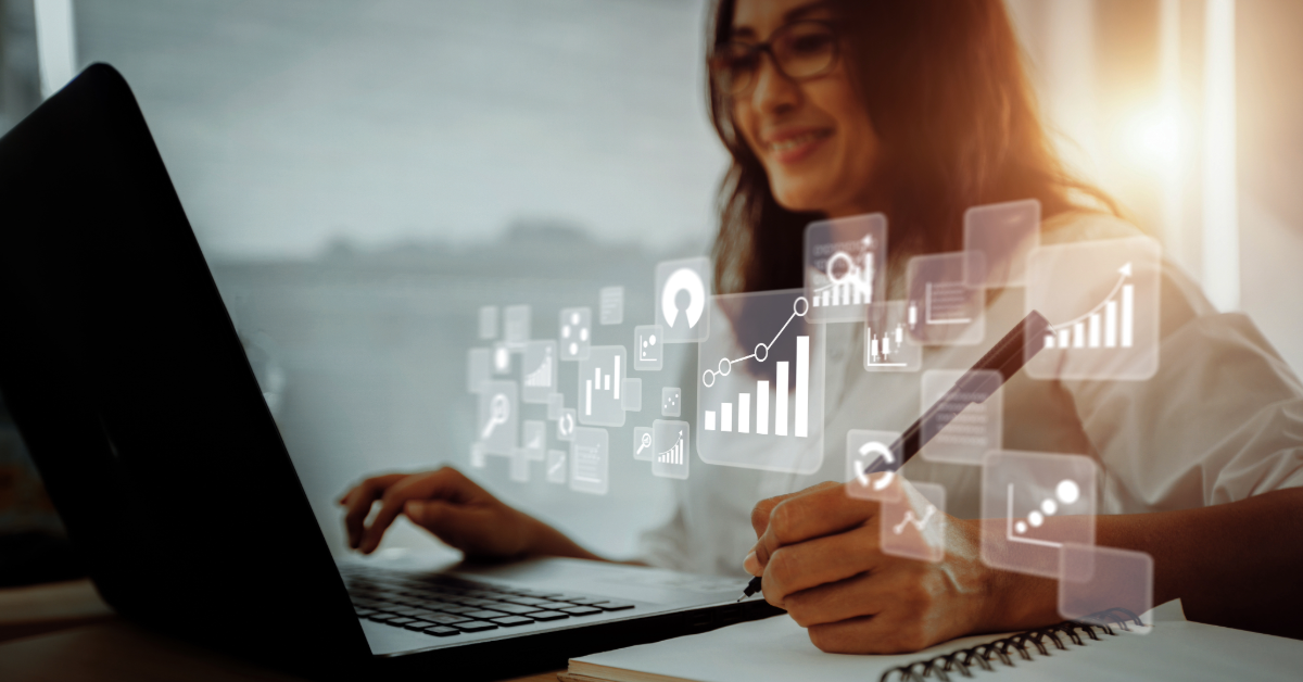woman on laptop with graphs and charts overlaid 
