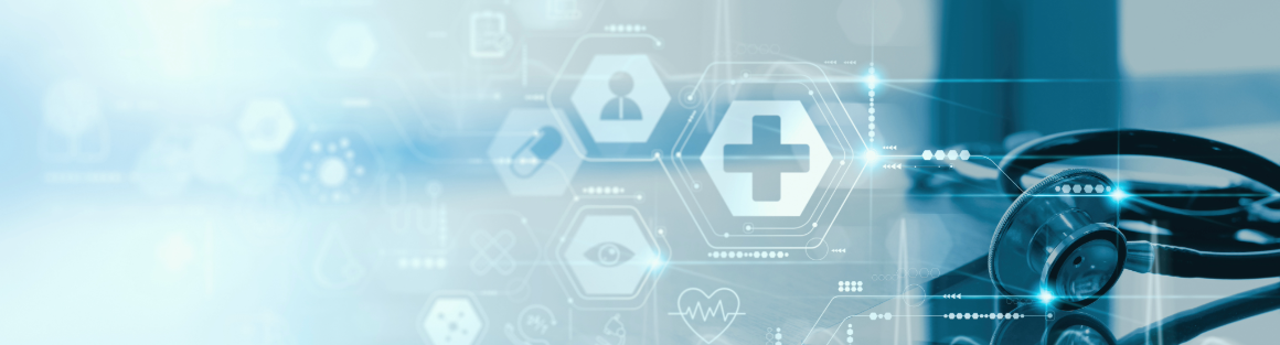 tech image with healthcare shields overlaid on medical table
